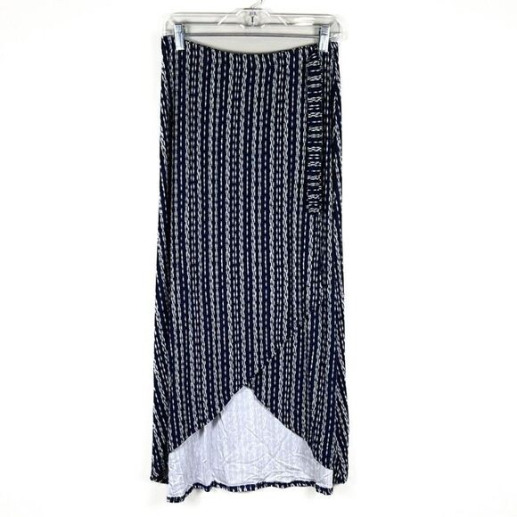 Loveappella Skirt Navy White Print Faux Wrap Hi Low Maxi Side Tie Waist M NWT - Picture 1 of 15